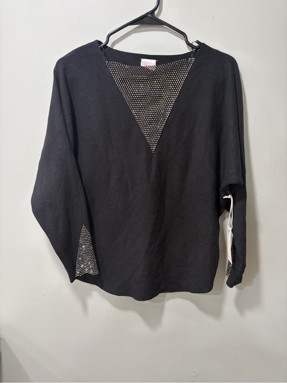 Luna Black V-Neck Sweater with rhinestone studs on V-neck and sleeves